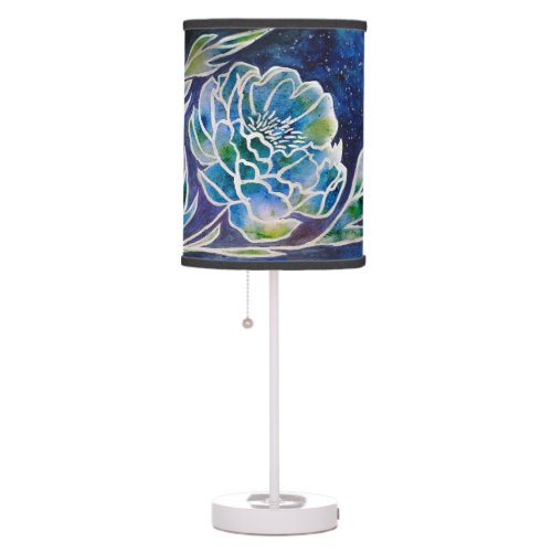 Boho Navy Blue Celestial Dahlia Floral Watercolor Table Lamp