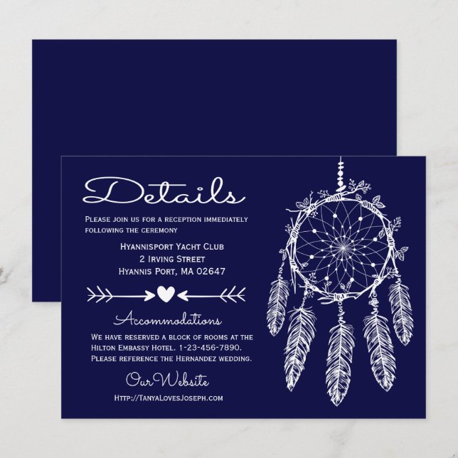 Boho Navy Blue Details Dreamcatcher Tribal Wedding Invitation (Front/Back)