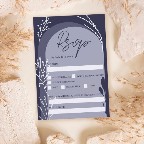 Boho navy blue floral chic script arch wedding invitation