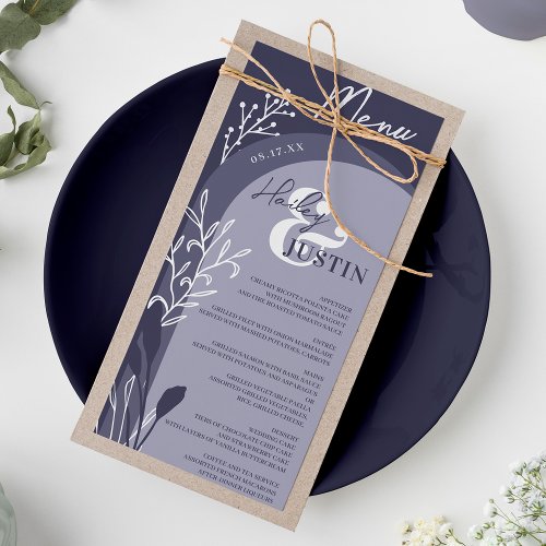 Boho navy blue floral names script arch wedding menu