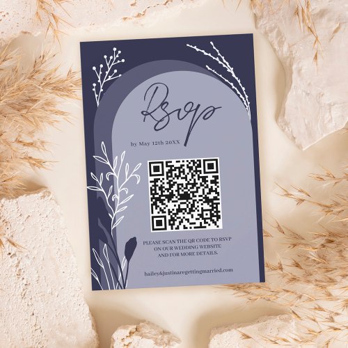 Boho navy blue floral Qr code script arch wedding RSVP Card
