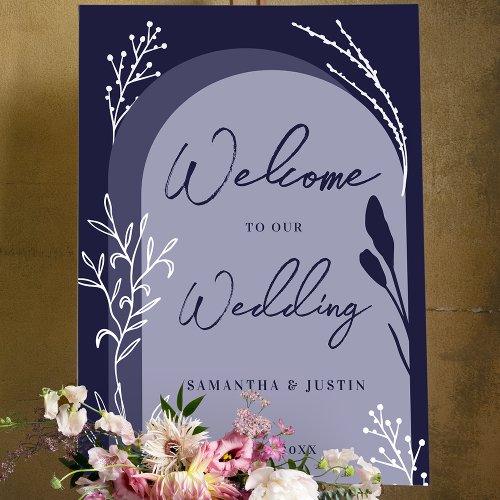 Boho navy blue floral script arch wedding welcome foam board