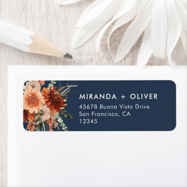 Boho Navy Blue Floral Wedding Return Address  Label (Insitu)