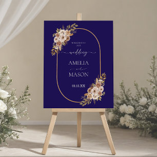 Boho Navy Blue & Gold Floral Wedding Welcome Sign