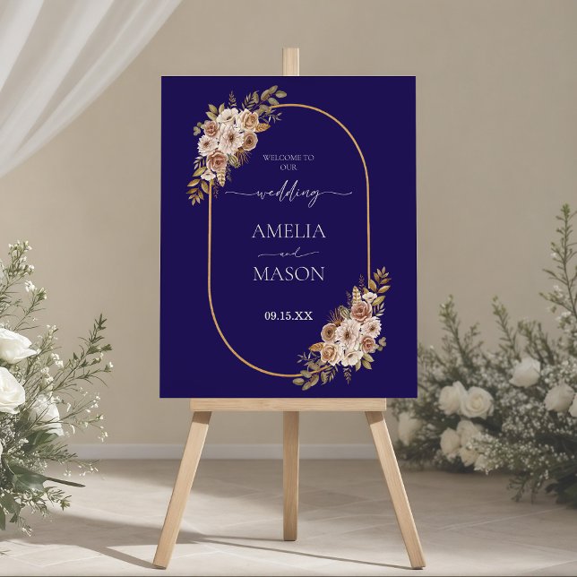 Boho Navy Blue & Gold Floral Wedding Welcome Sign (Navy Blue and Gold Boho Floral Wedding Welcome Sign)