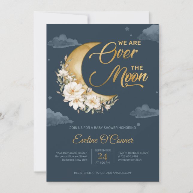 Boho Navy blue gold foil over the moon baby Invitation (Front)