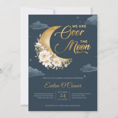 Boho Navy blue gold foil over the moon baby Invitation
