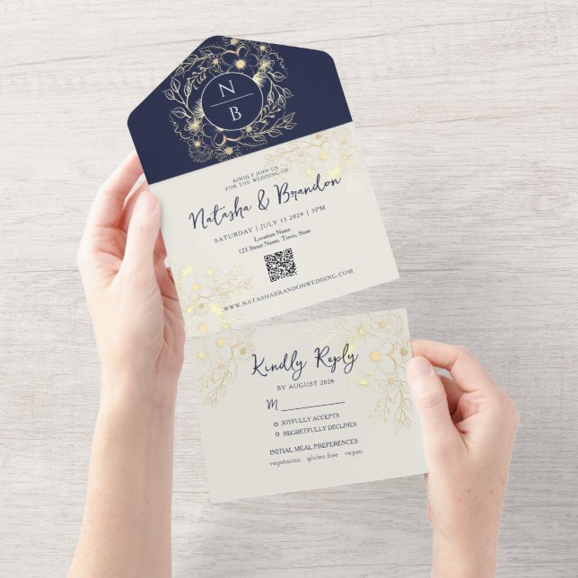 Boho Navy Blue Monogram All-in-One Invitation (Tearaway)