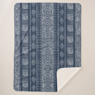 Boho Navy Blue Mudcloth Style Tribal Pattern Sherpa Blanket