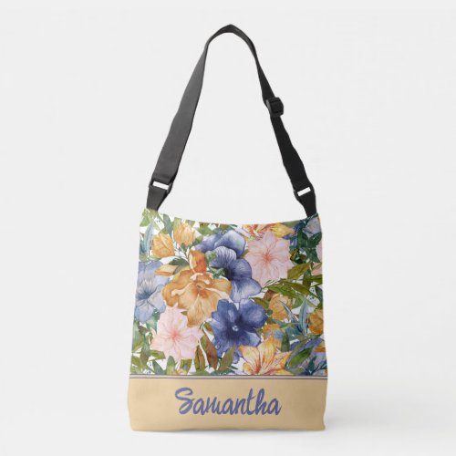 Boho Navy Blue Orange Floral Name Crossbody Bag