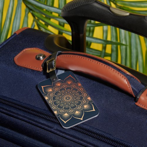 Boho Navy Blue Peach Mandala Luggage Tag