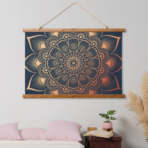 Boho navy Blue Peach Mandala Wood Topped Hanging Tapestry