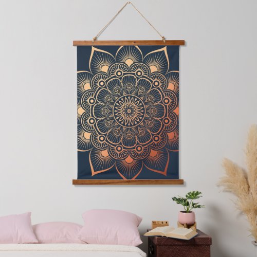 Boho Navy Blue Peach Mandala Wood Topped Hanging Tapestry