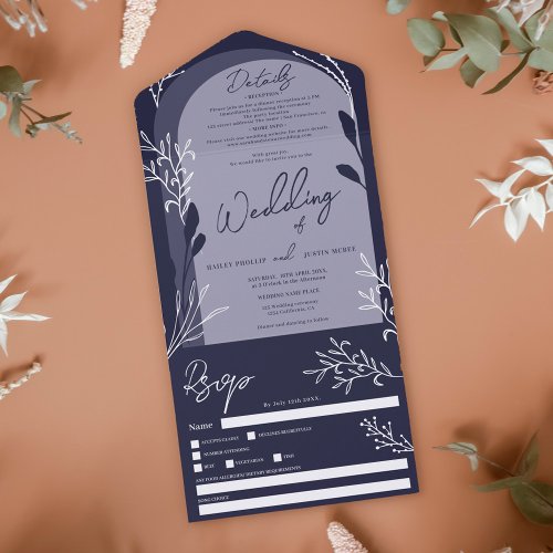Boho navy blue photo floral rustic arch wedding  all in one invitation