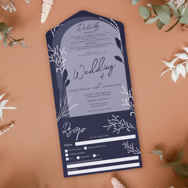 Boho navy blue photo floral rustic arch wedding  all in one invitation (Creator Uploaded)