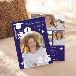Boho Navy blue Stars Modern 4-Photo Graduation Invitation