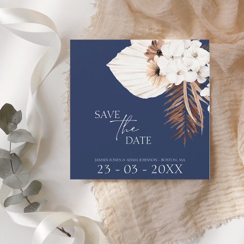 Boho Navy Blue White Pampas Grass Wedding Save The Date