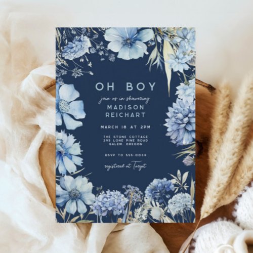 Boho Navy Blue Wildflower Floral Boy Baby Shower Invitation