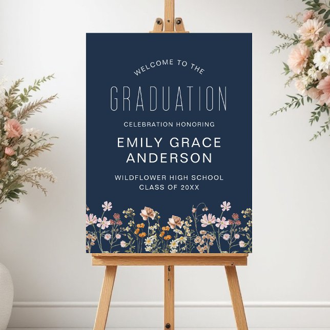Boho Navy Blue Wildflower Graduation Welcome Foam Board (Creator Uploaded)