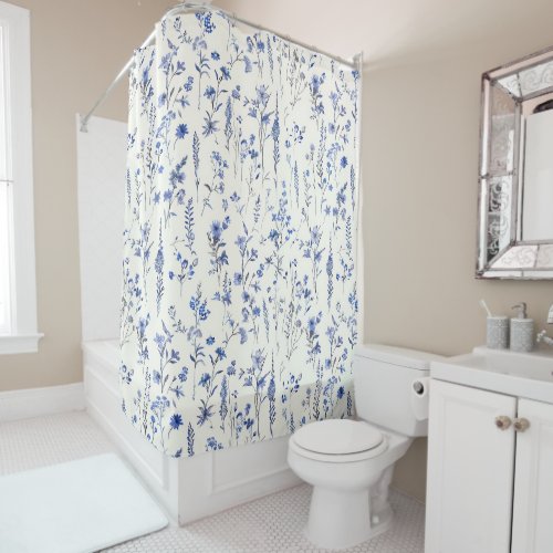 Boho Navy Blue Wildflowers Shower Curtain