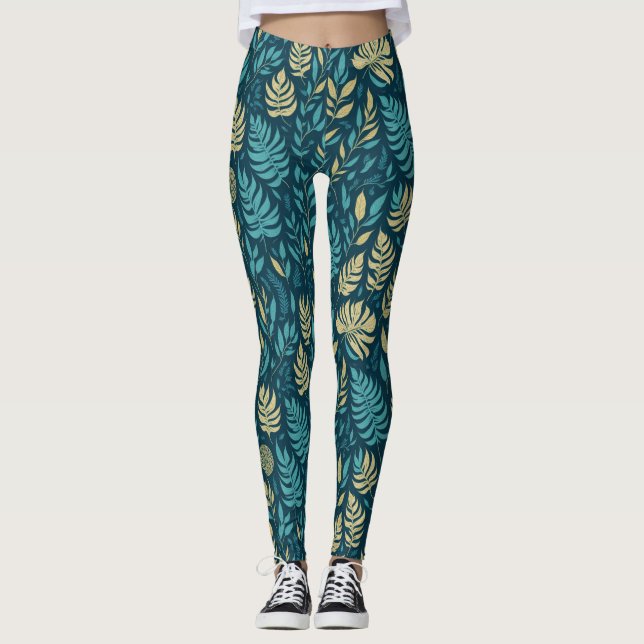  Boho Navy Blue Yellow Botanical Leaves Greenery Leggings (Front)