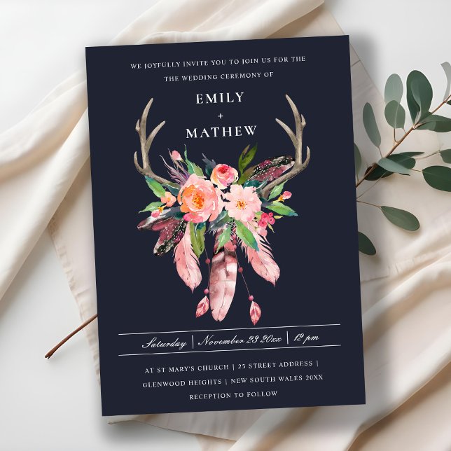 BOHO NAVY BLUSH ANTLER DREAM CATCHER FLORA WEDDING INVITATION (Creator Uploaded)