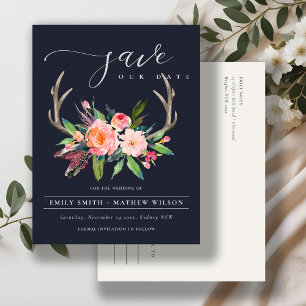 BOHO NAVY BLUSH ANTLER FLORA COUNTRY SAVE THE DATE ANNOUNCEMENT POSTCARD