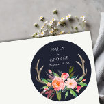 BOHO NAVY BLUSH ANTLER FLORAL COUNTRY  WEDDING CLASSIC ROUND STICKER<br><div class="desc">If you need any further customisation please feel free to message me on yellowfebstudio@gmail.com.</div>