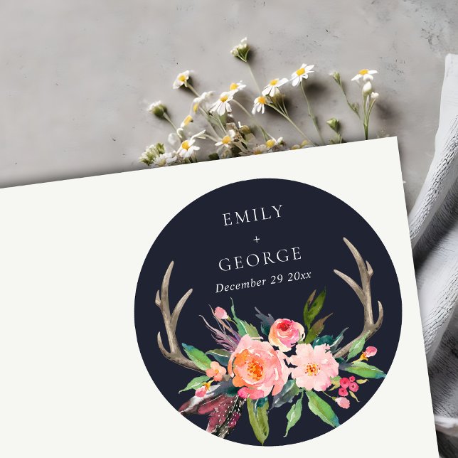 BOHO NAVY BLUSH ANTLER FLORAL COUNTRY  WEDDING CLASSIC ROUND STICKER (Creator Uploaded)