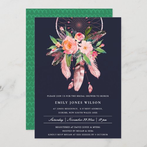 BOHO NAVY BLUSH DREAM CATCHER FLORAL BRIDAL SHOWER INVITATION