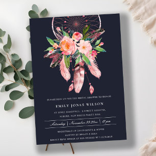 BOHO NAVY BLUSH DREAM CATCHER FLORAL BRIDAL SHOWER INVITATION