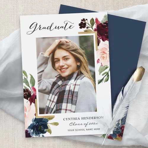Class of 2019 Navy Blue Blush Floral Graduation Announcement