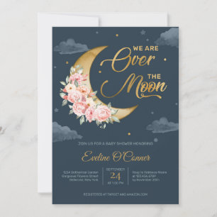 Boho Navy blush gold foil over the moon baby Invitation