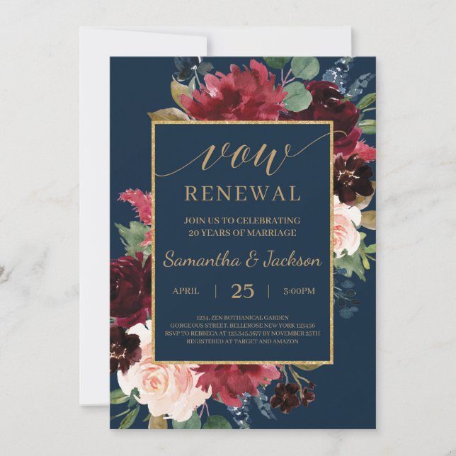 Boho navy burgundy blush floral vow renewal invitation (Front)