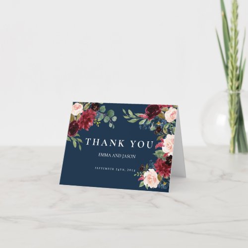 Boho Navy Burgundy Blush Wedding Thank You Card