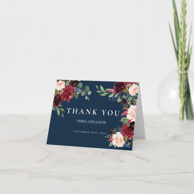 Boho Navy Burgundy Blush Wedding Thank You Card (Front)