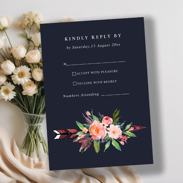 BOHO NAVY COUNTRY BLUSH ARROW FLORAL WEDDING RSVP (Creator Uploaded)