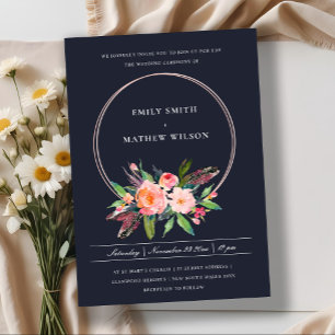 BOHO NAVY FEATHER BLUSH FLORAL WREATH WEDDING INVITATION