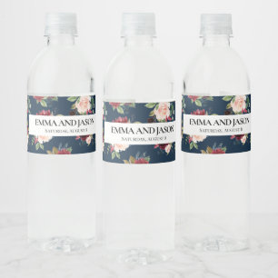 Boho Navy Floral Burgundy Water Bottle Label