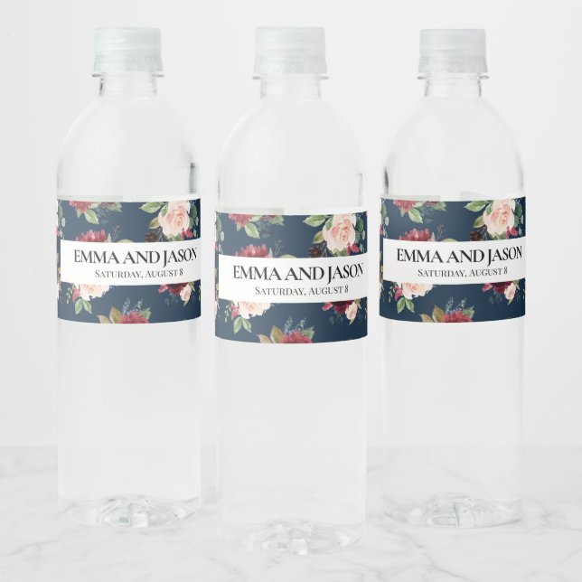Boho Navy Floral Burgundy Water Bottle Label (Bottles)
