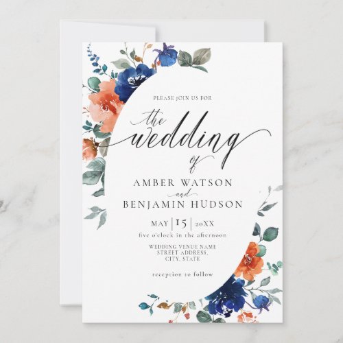 Boho Navy Floral Burnt Orange Elegant Wedding Invitation