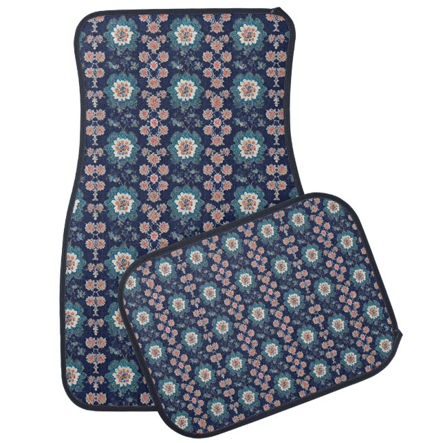 Boho Navy Floral Stripe Tapestry Car Floor Mat (Set)