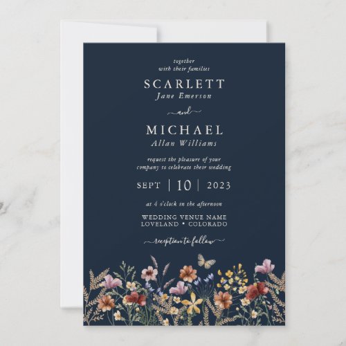 Boho Navy Floral Wedding Invitation