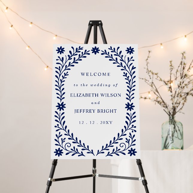 Boho Navy Floral Wedding Welcome Sign (In Situ (Stand))