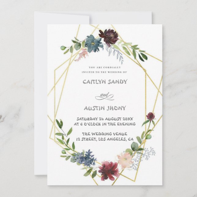 Boho Navy & green simple floral  Invitation (Front)