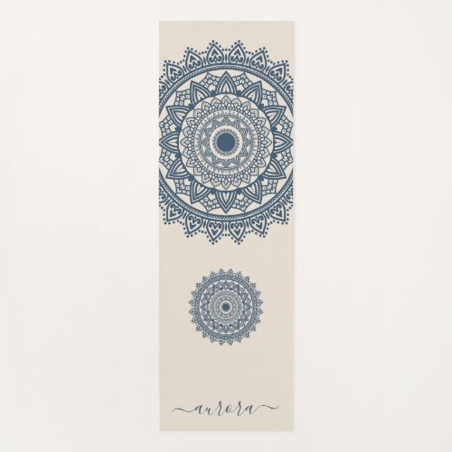 Boho Navy Mandala on Ivory Custom Name Yoga Mat