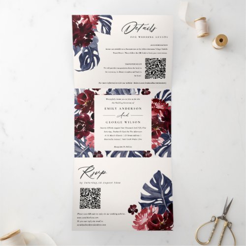 Boho Navy Maroon Monstera Floral 2 QR Code Wedding Tri_Fold Invitation