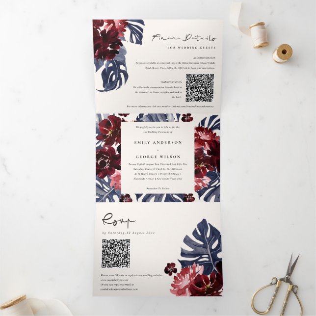 Boho Navy Maroon Monstera Floral QR Code Wedding Tri-Fold Invitation (Inside)