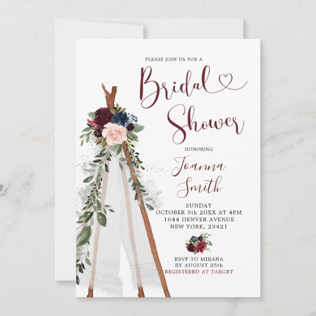 Boho Navy Marsala Teepee Bridal Shower Invitation (Front)