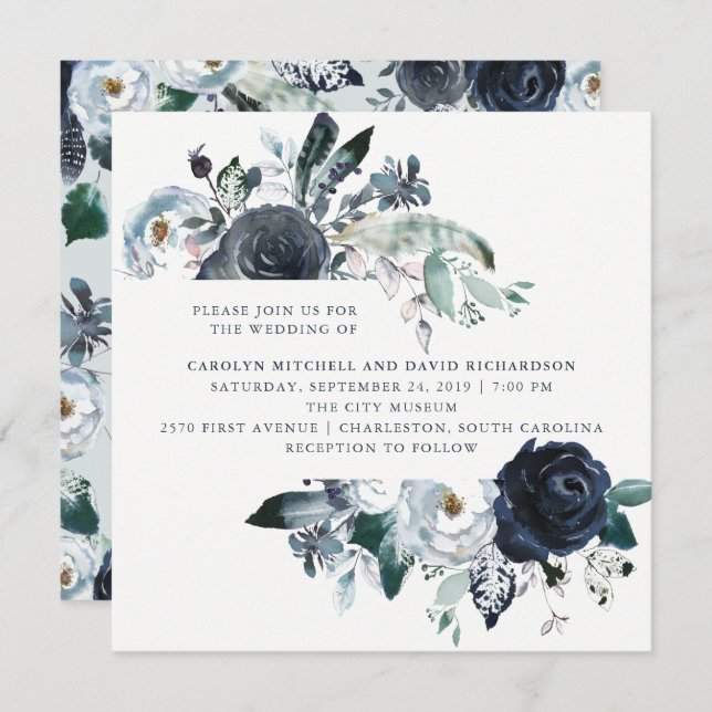 Boho Navy Peony Floral Wedding Invitation (Front/Back)